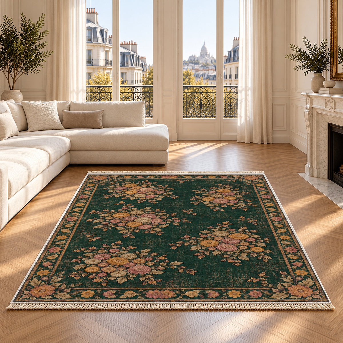 Chrysanthemum Islands Forest & Marigold washable rug on an oak floor