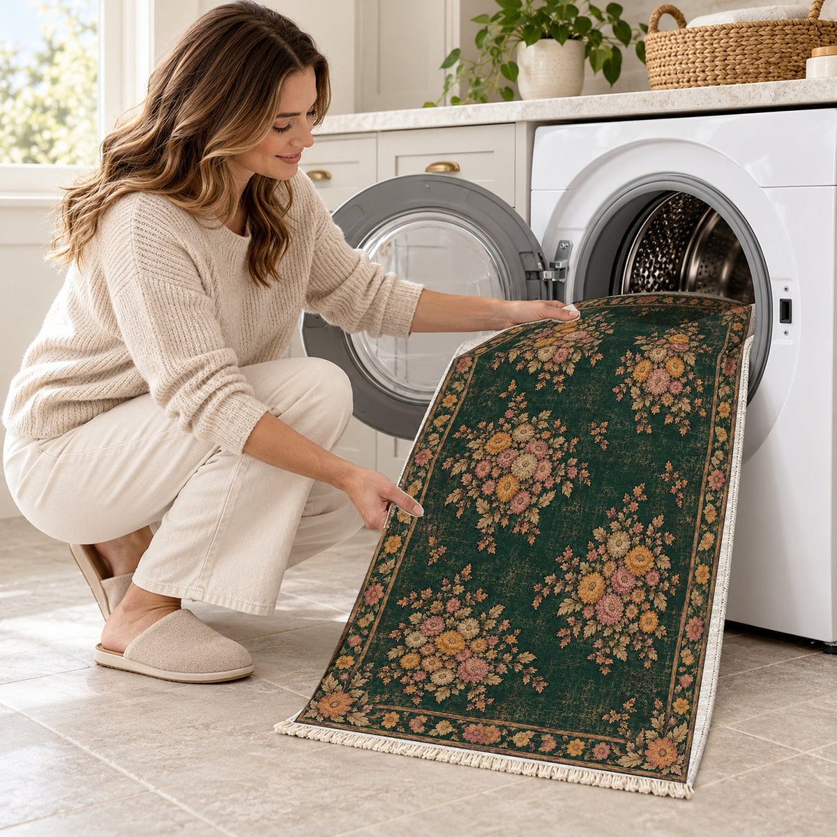 Chrysanthemum Islands Forest & Marigold washable rug being loaded into a washing machine
