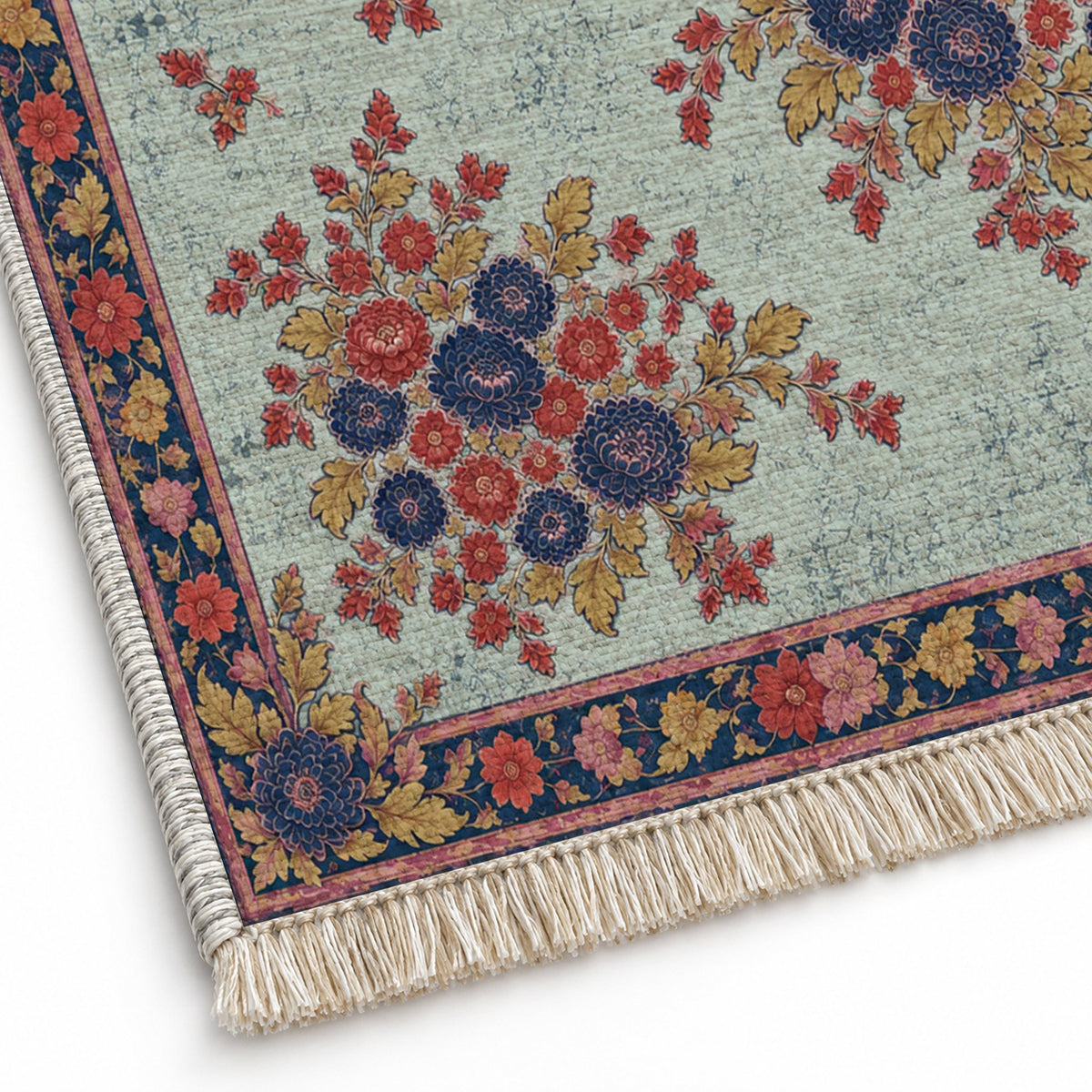 Chrysanthemum Islands Glacier, Ink & Vermilion washable rug close-up of the printed chenille