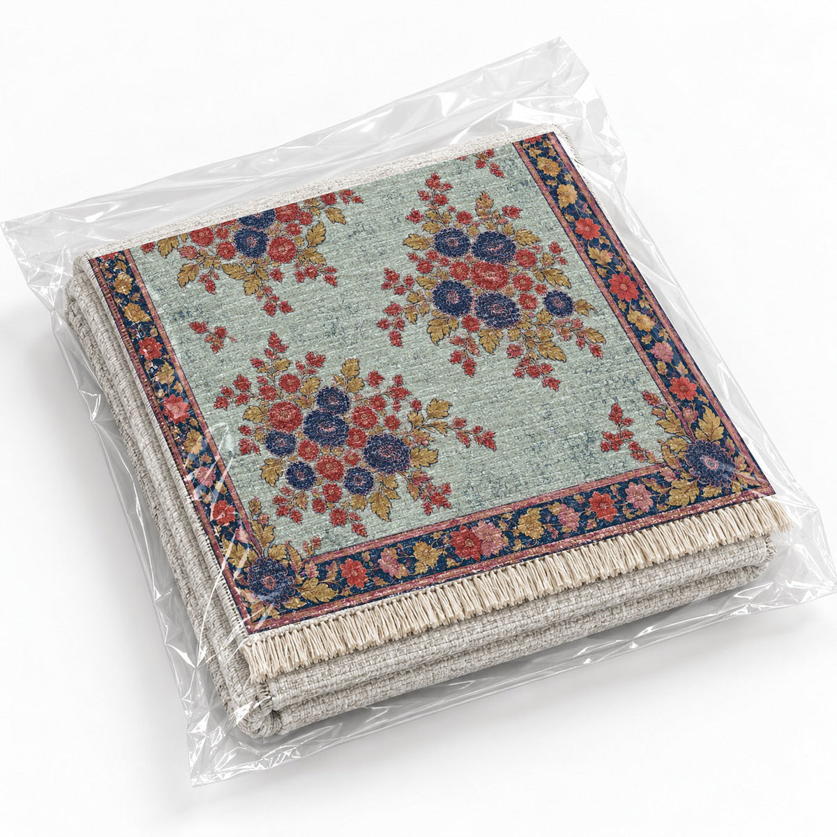 Chrysanthemum Islands Glacier, Ink & Vermilion washable rug rolled and packaged