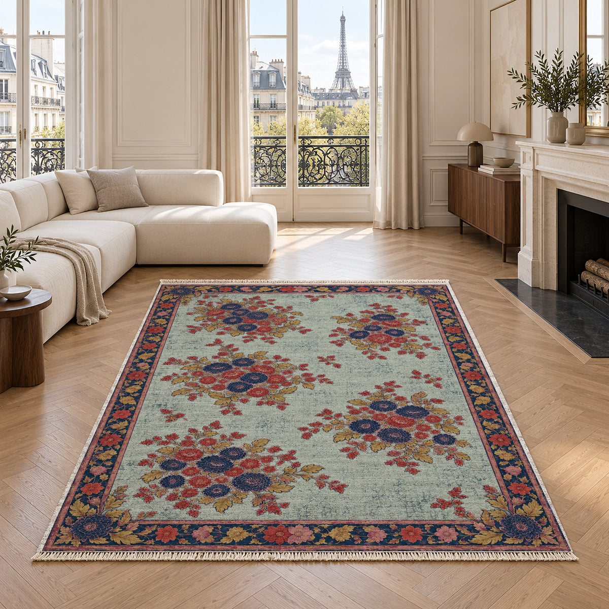 Chrysanthemum Islands Glacier, Ink & Vermilion washable rug in a living room with an Eiffel Tower view