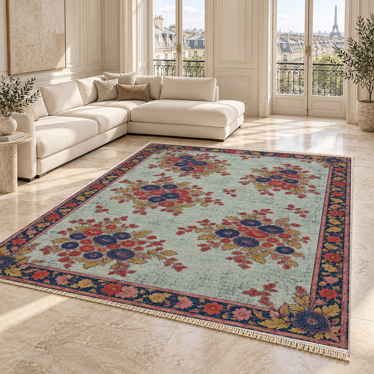 Chrysanthemum Islands Glacier, Ink & Vermilion washable rug angled room view on marble