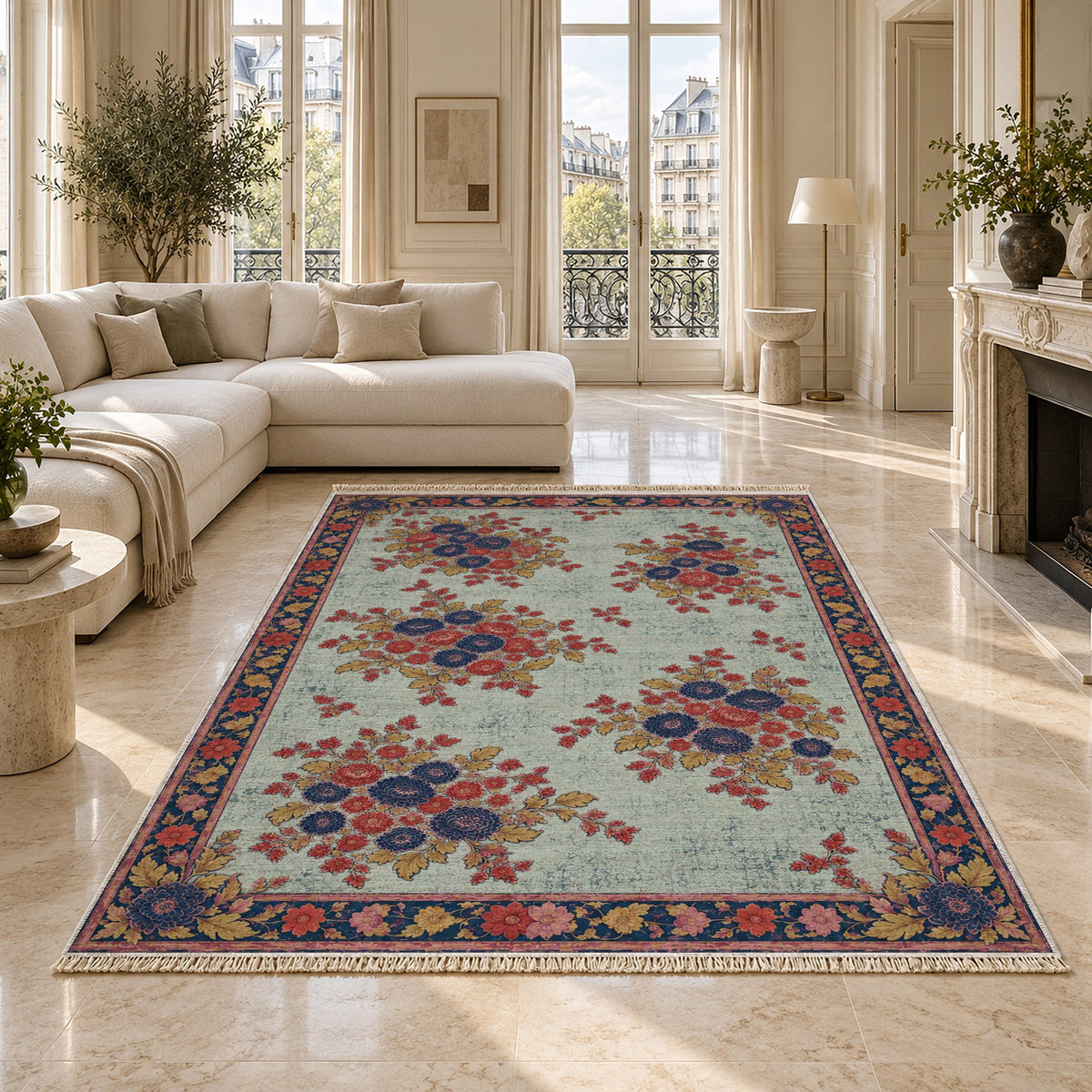 Chrysanthemum Islands Glacier, Ink & Vermilion washable rug on a marble floor