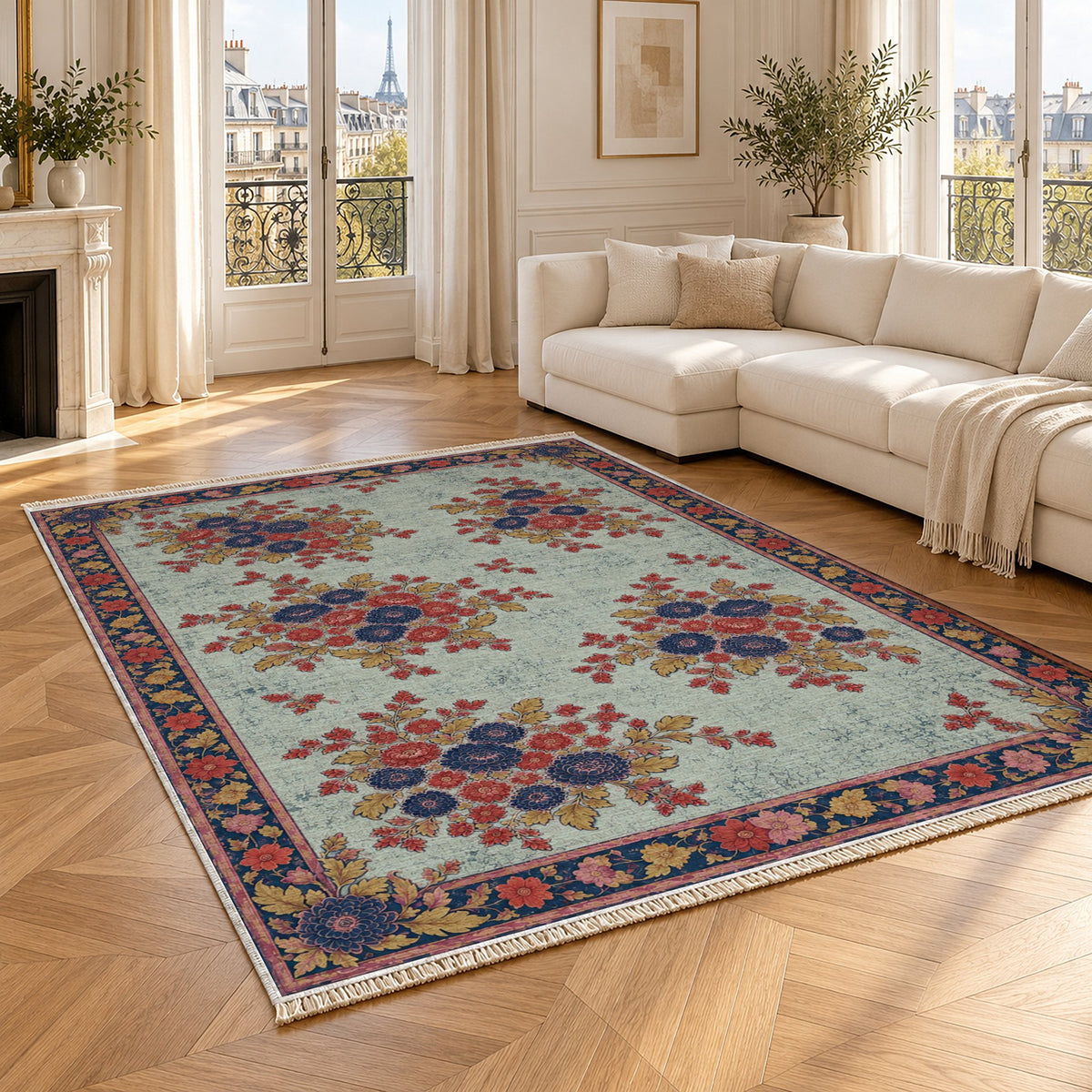 Chrysanthemum Islands Glacier, Ink & Vermilion washable rug angled room view