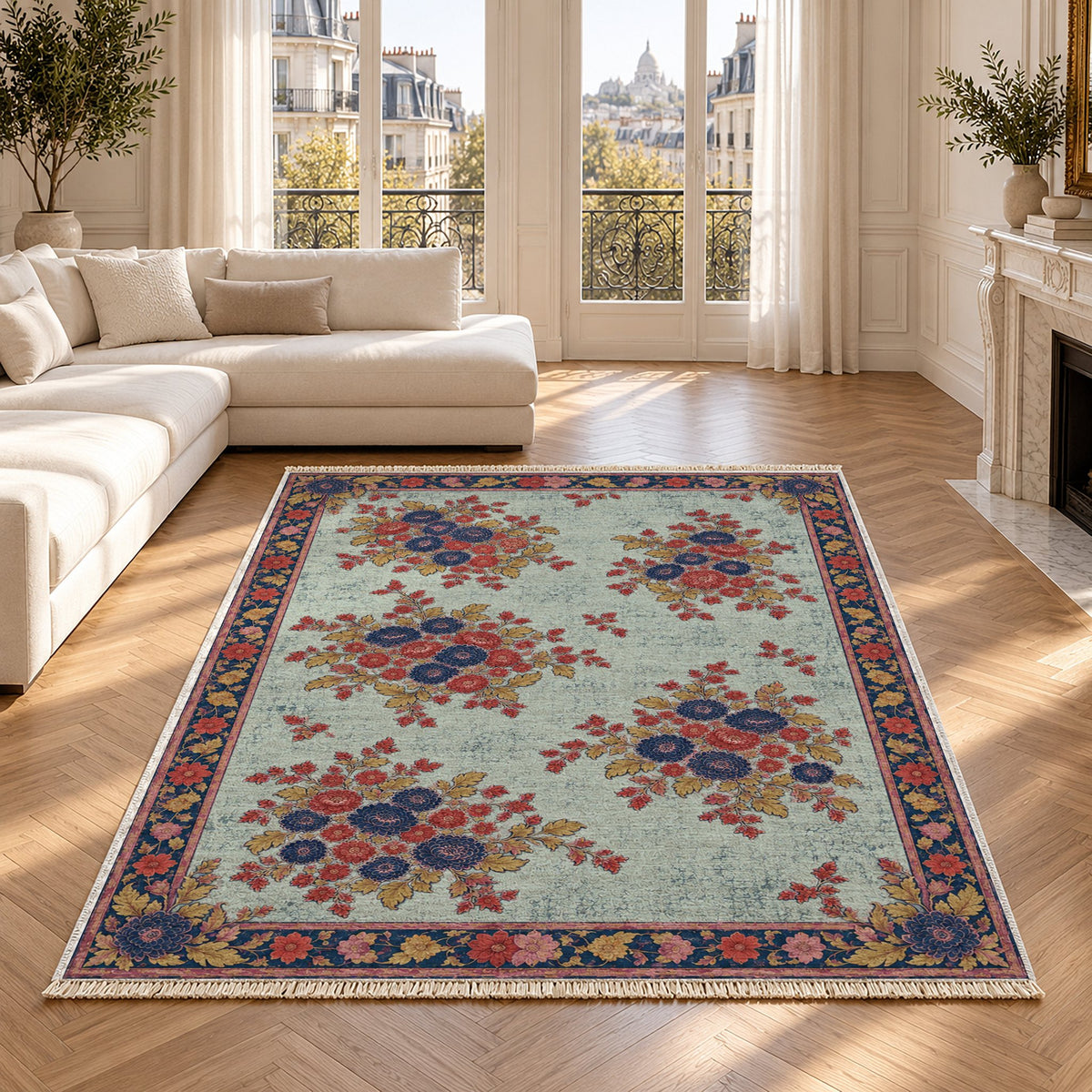 Chrysanthemum Islands Glacier, Ink & Vermilion washable rug in a Paris living room