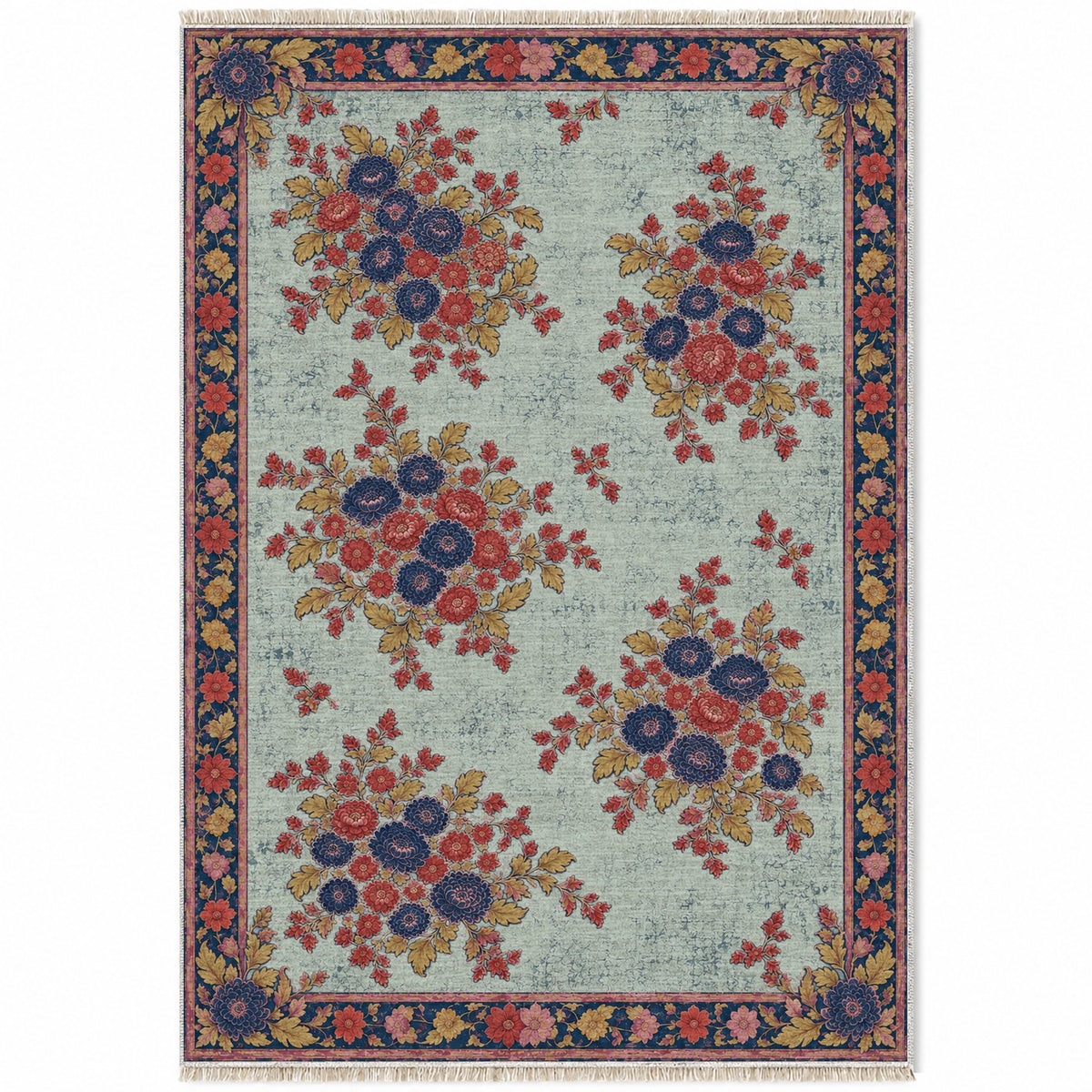 Chrysanthemum Islands Glacier, Ink & Vermilion washable rug top view