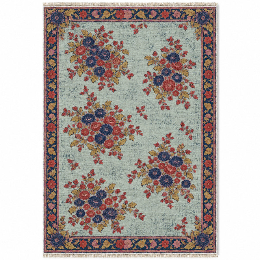 Chrysanthemum Islands Glacier, Ink & Vermilion Distressed Washable Rug