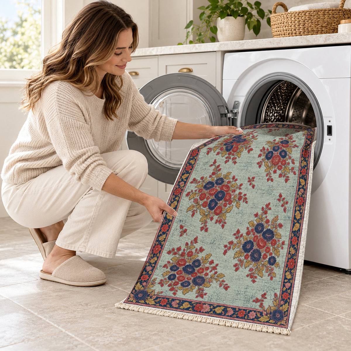 Chrysanthemum Islands Glacier, Ink & Vermilion washable rug being loaded into a washing machine