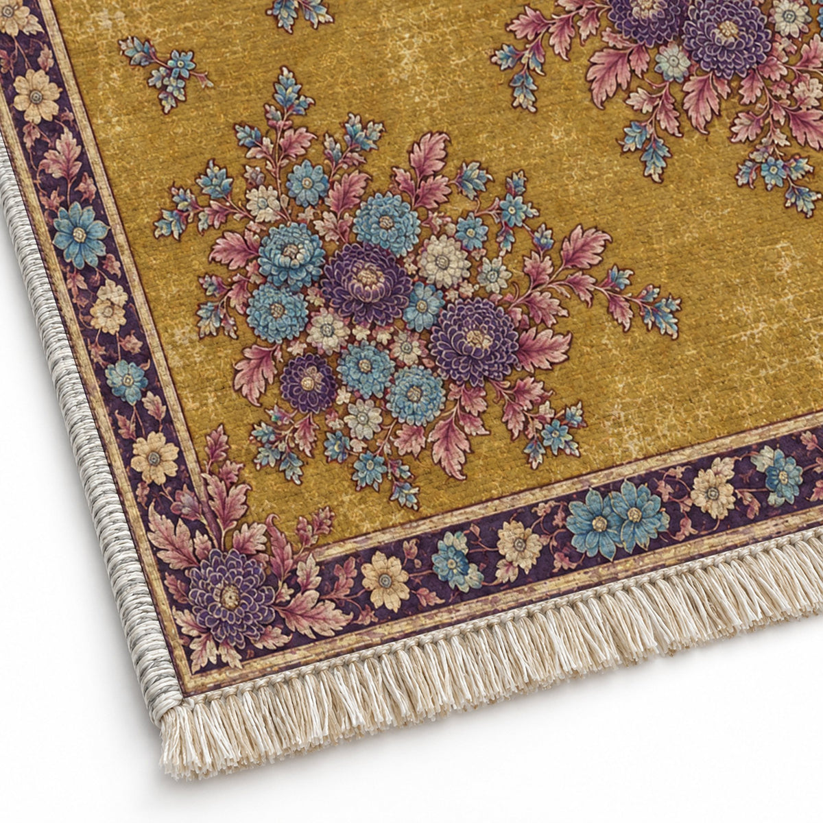 Chrysanthemum Islands Golden, Plum & Azure washable rug close-up of the printed chenille