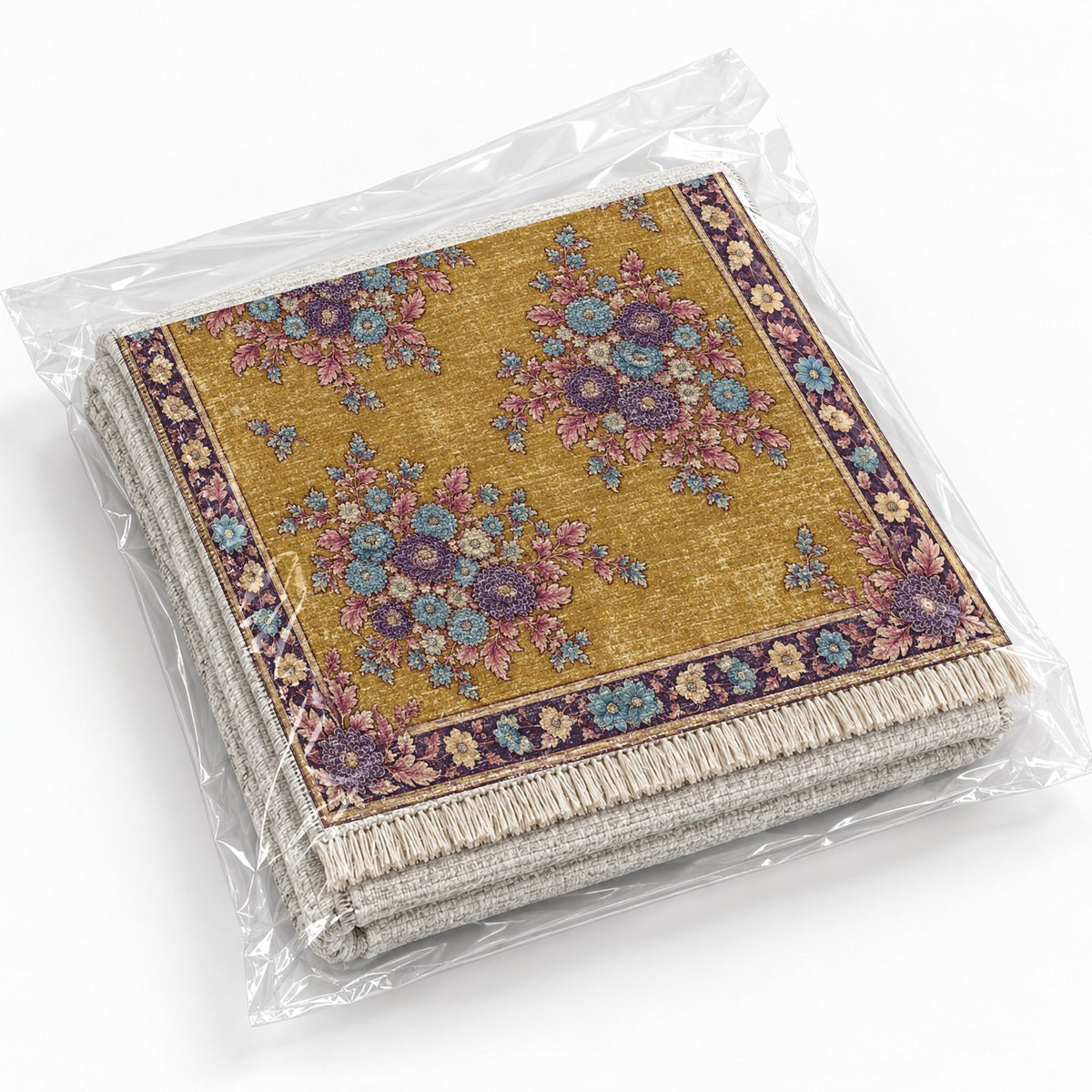 Chrysanthemum Islands Golden, Plum & Azure washable rug rolled and packaged