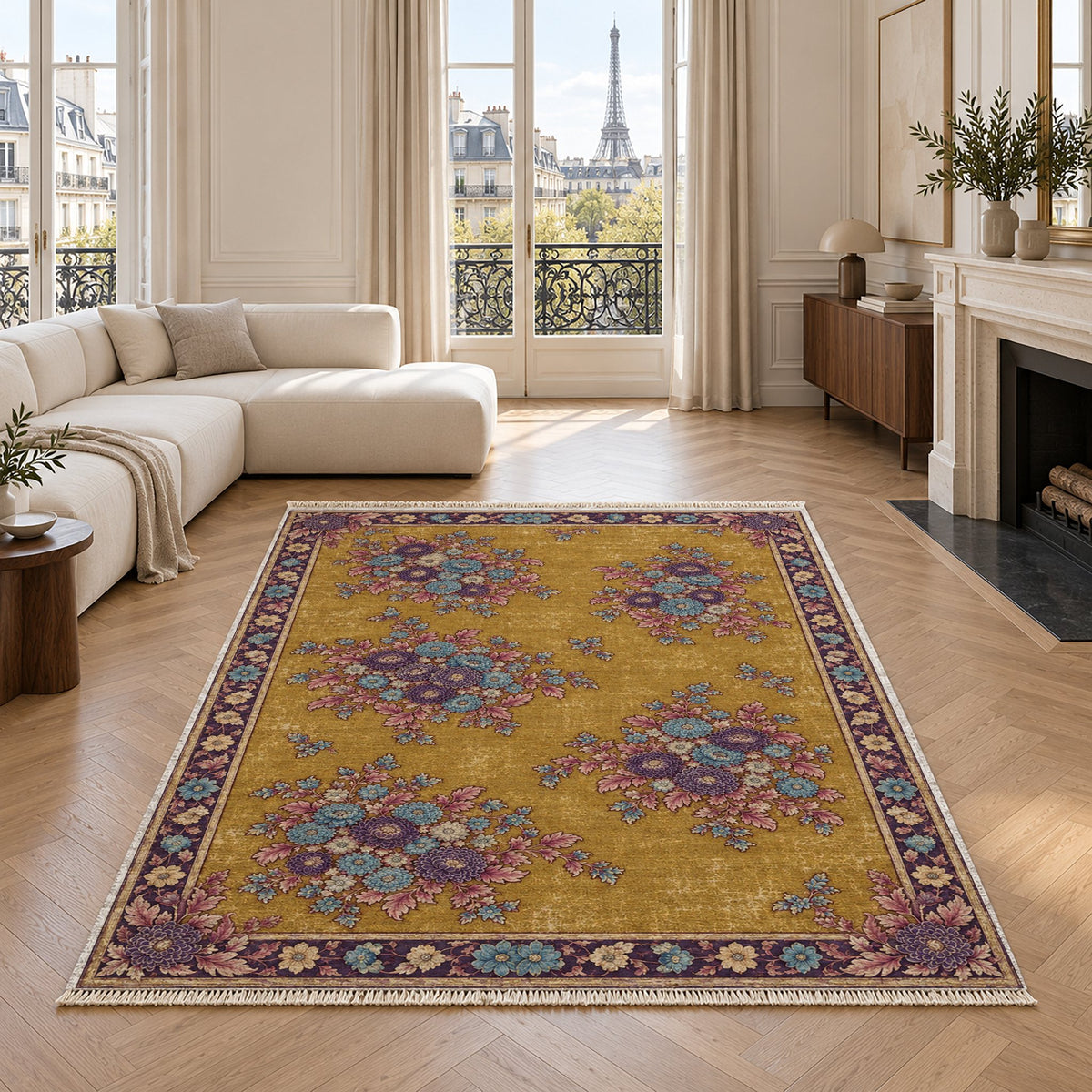 Chrysanthemum Islands Golden, Plum & Azure washable rug in a living room with an Eiffel Tower view