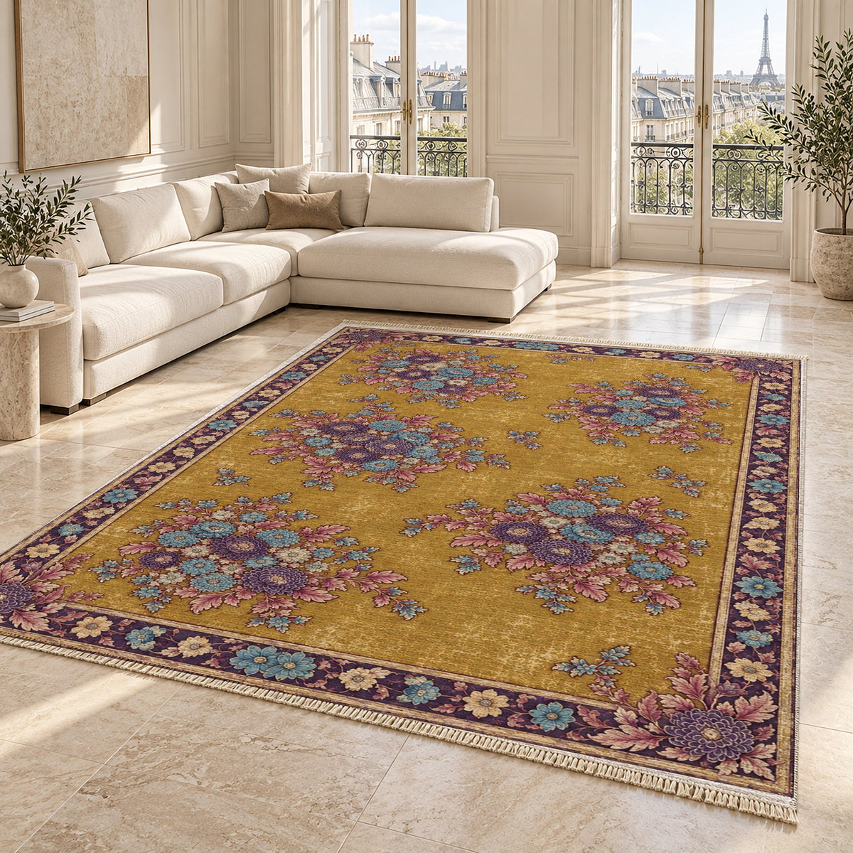 Chrysanthemum Islands Golden, Plum & Azure washable rug angled room view on marble
