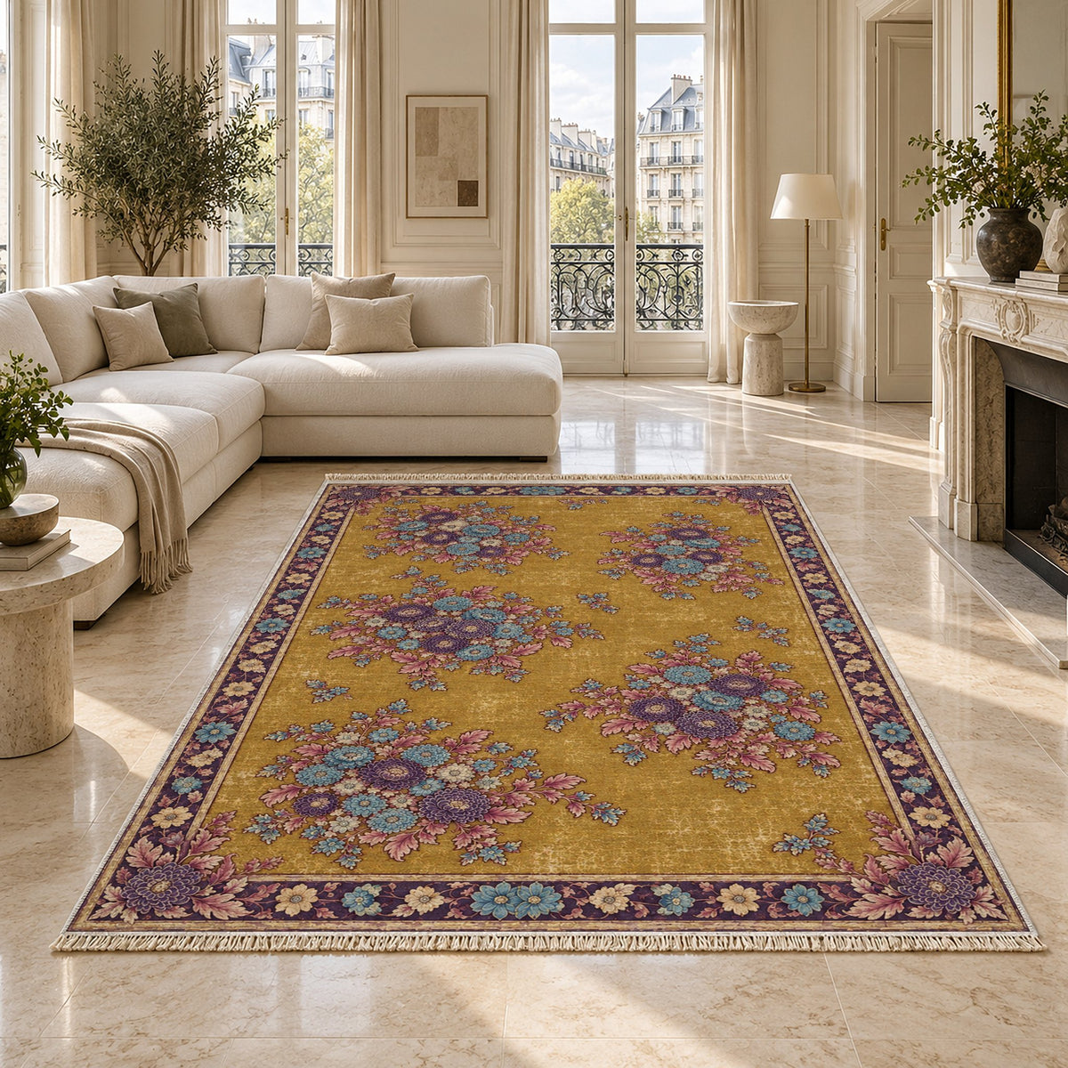 Chrysanthemum Islands Golden, Plum & Azure washable rug on a marble floor