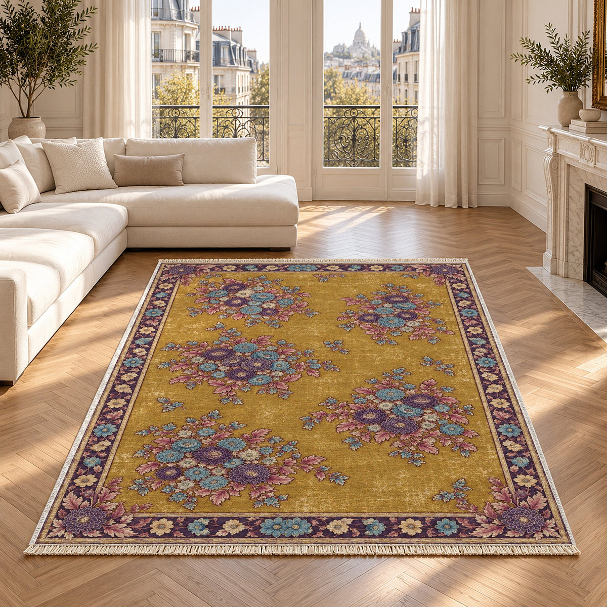 Chrysanthemum Islands Golden, Plum & Azure washable rug in a Paris living room