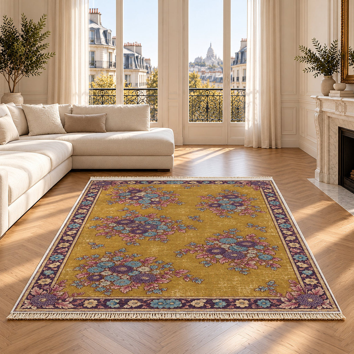 Chrysanthemum Islands Golden, Plum & Azure washable rug on an oak floor