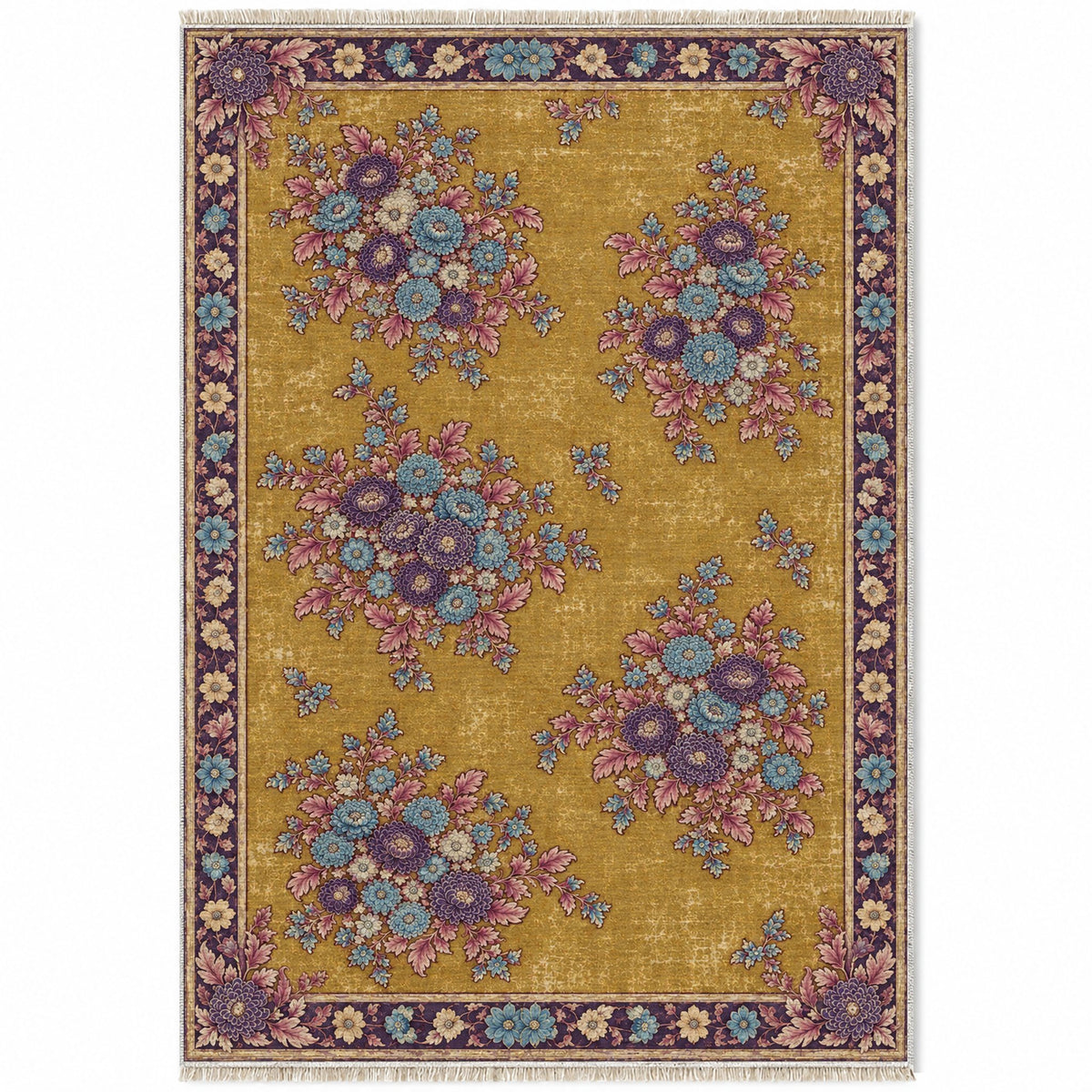 Chrysanthemum Islands Golden, Plum & Azure washable rug top view