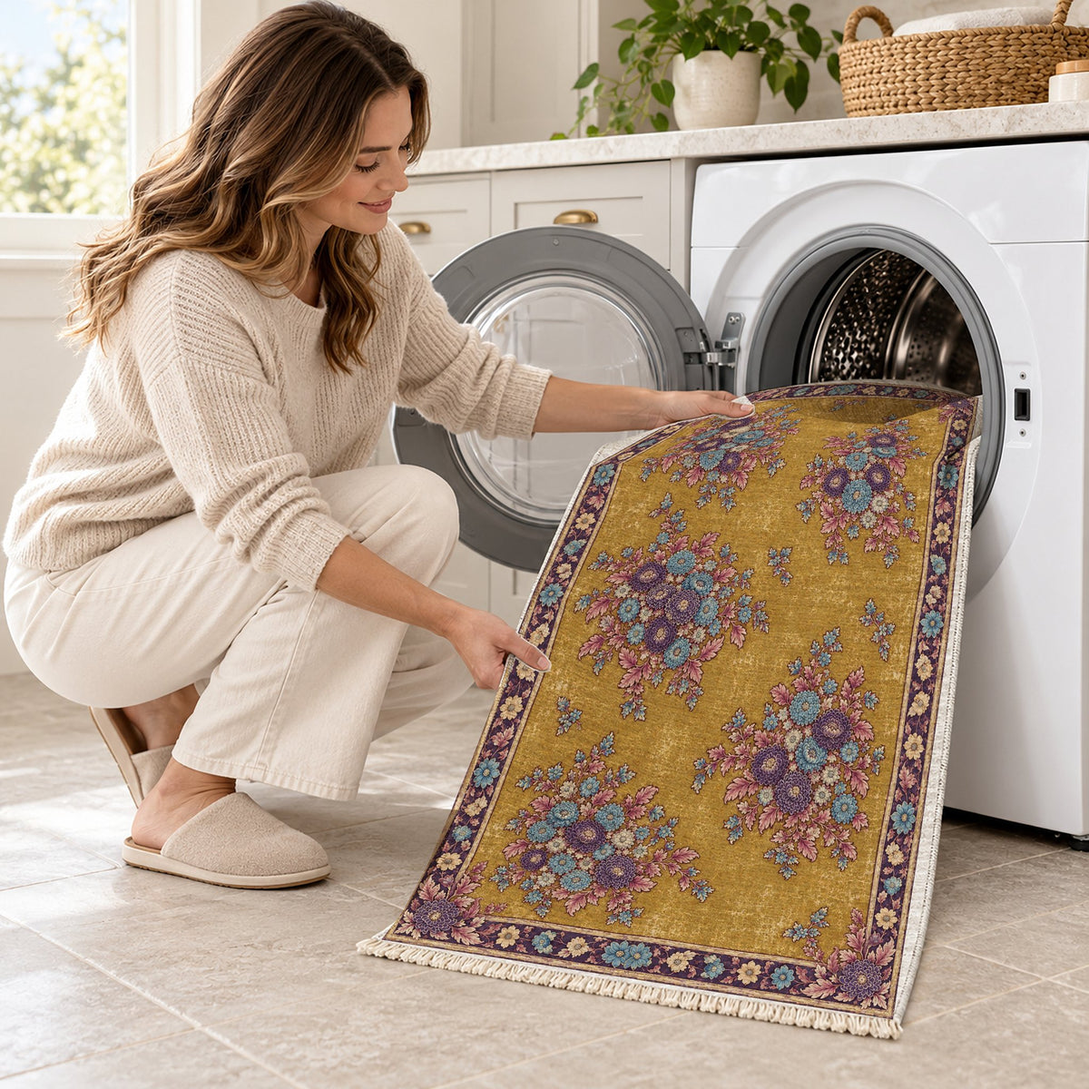 Chrysanthemum Islands Golden, Plum & Azure washable rug being loaded into a washing machine