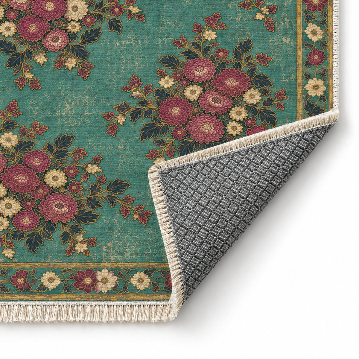 Chrysanthemum Islands Lagoon & Berry washable rug folded corner showing the backing