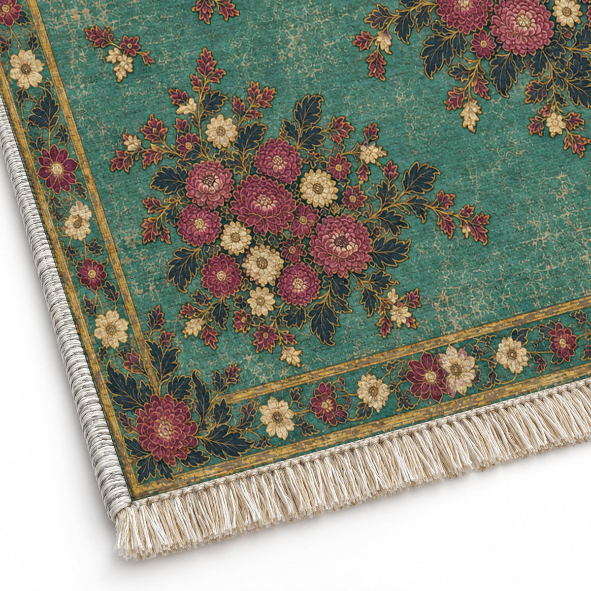 Chrysanthemum Islands Lagoon & Berry washable rug close-up of the printed chenille