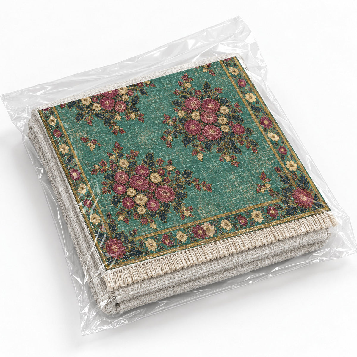 Chrysanthemum Islands Lagoon & Berry washable rug rolled and packaged