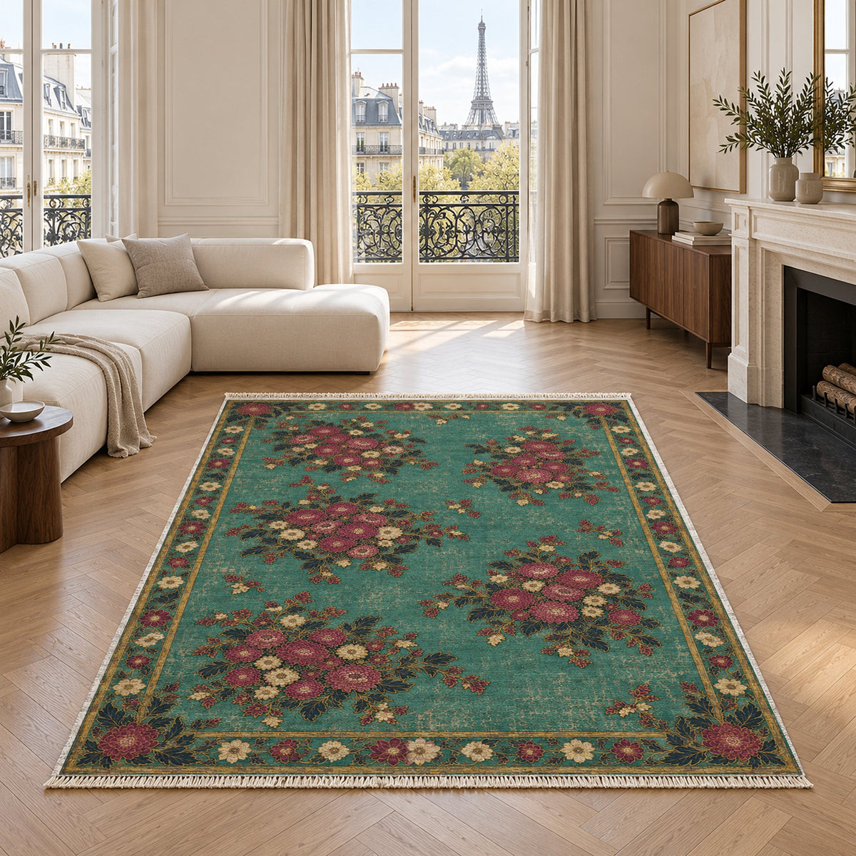 Chrysanthemum Islands Lagoon & Berry washable rug in a living room with an Eiffel Tower view