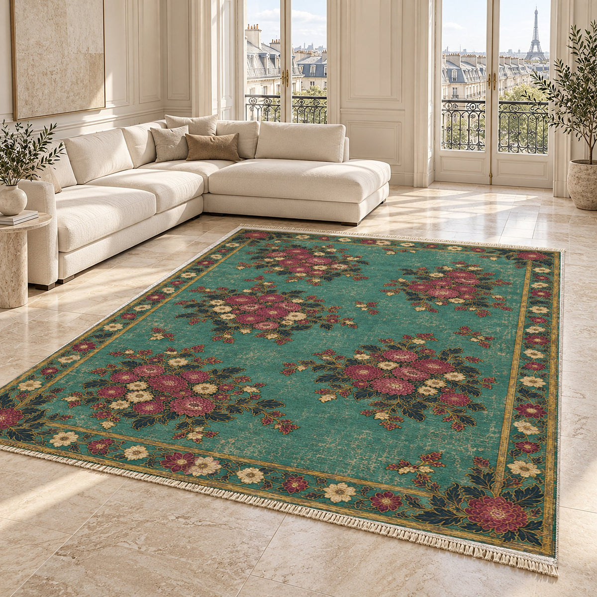 Chrysanthemum Islands Lagoon & Berry washable rug angled room view on marble