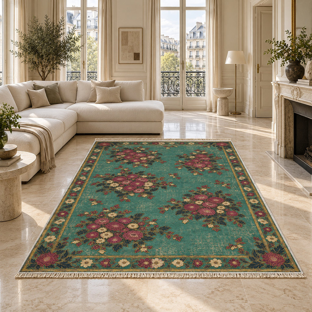 Chrysanthemum Islands Lagoon & Berry washable rug on a marble floor