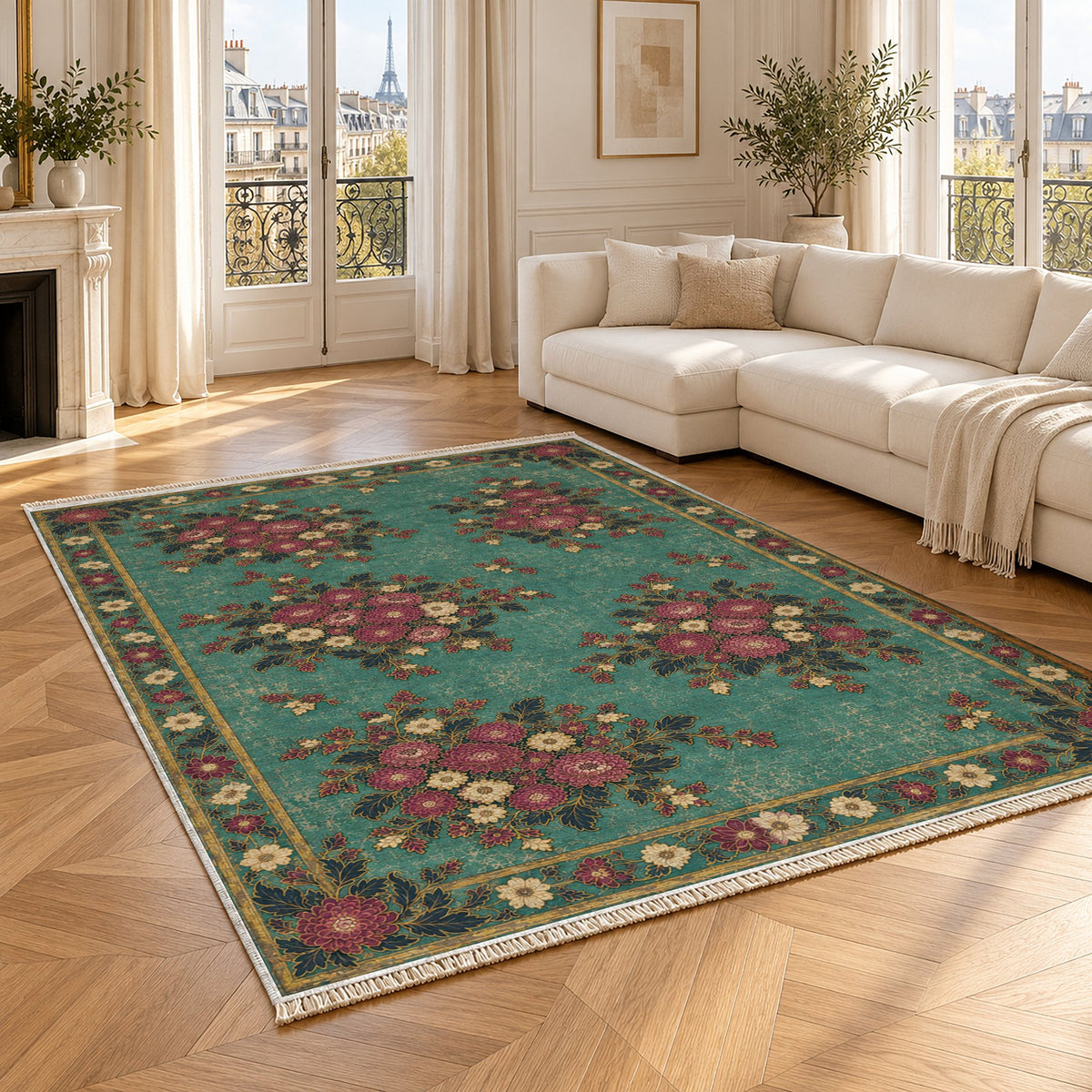 Chrysanthemum Islands Lagoon & Berry washable rug angled room view