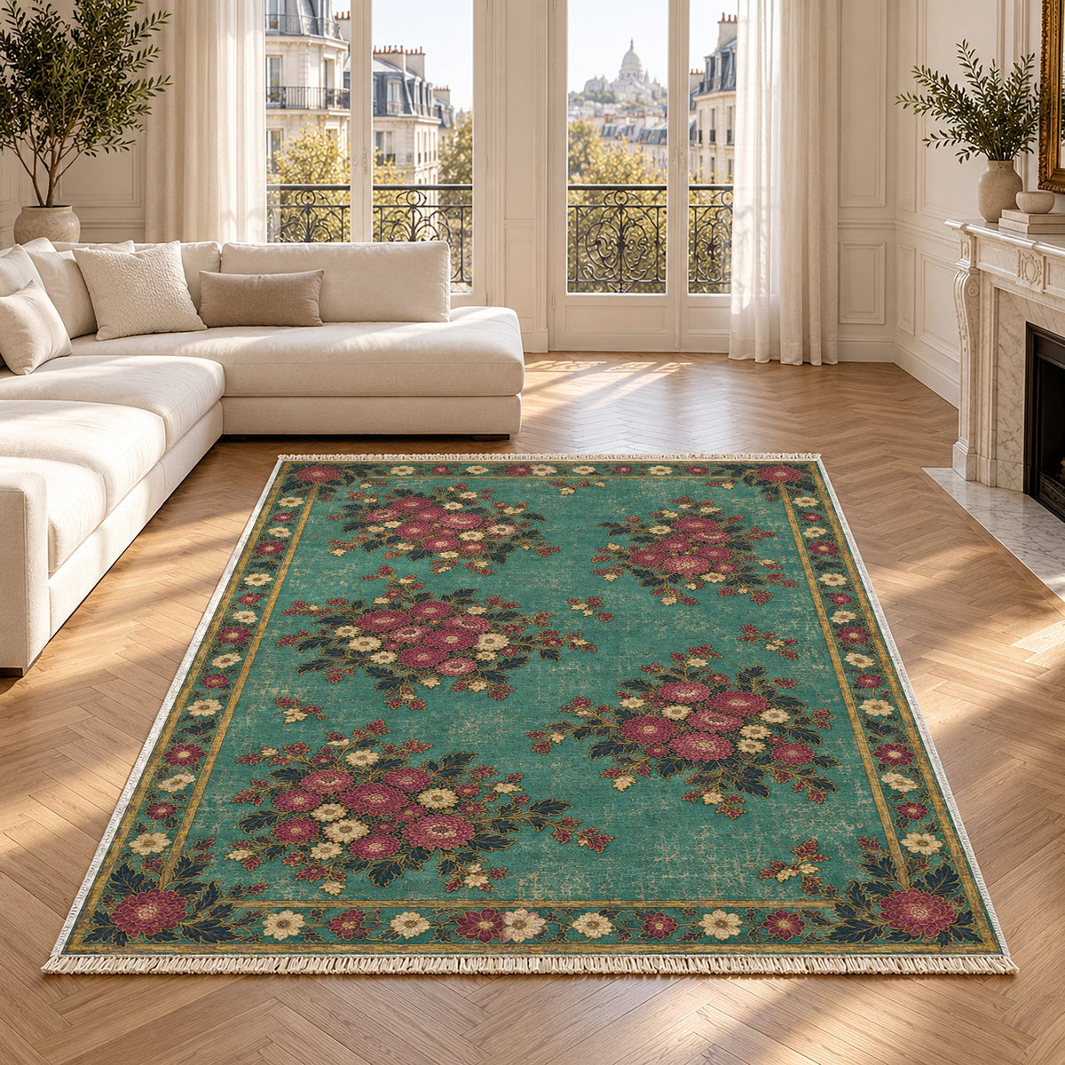 Chrysanthemum Islands Lagoon & Berry washable rug in a Paris living room