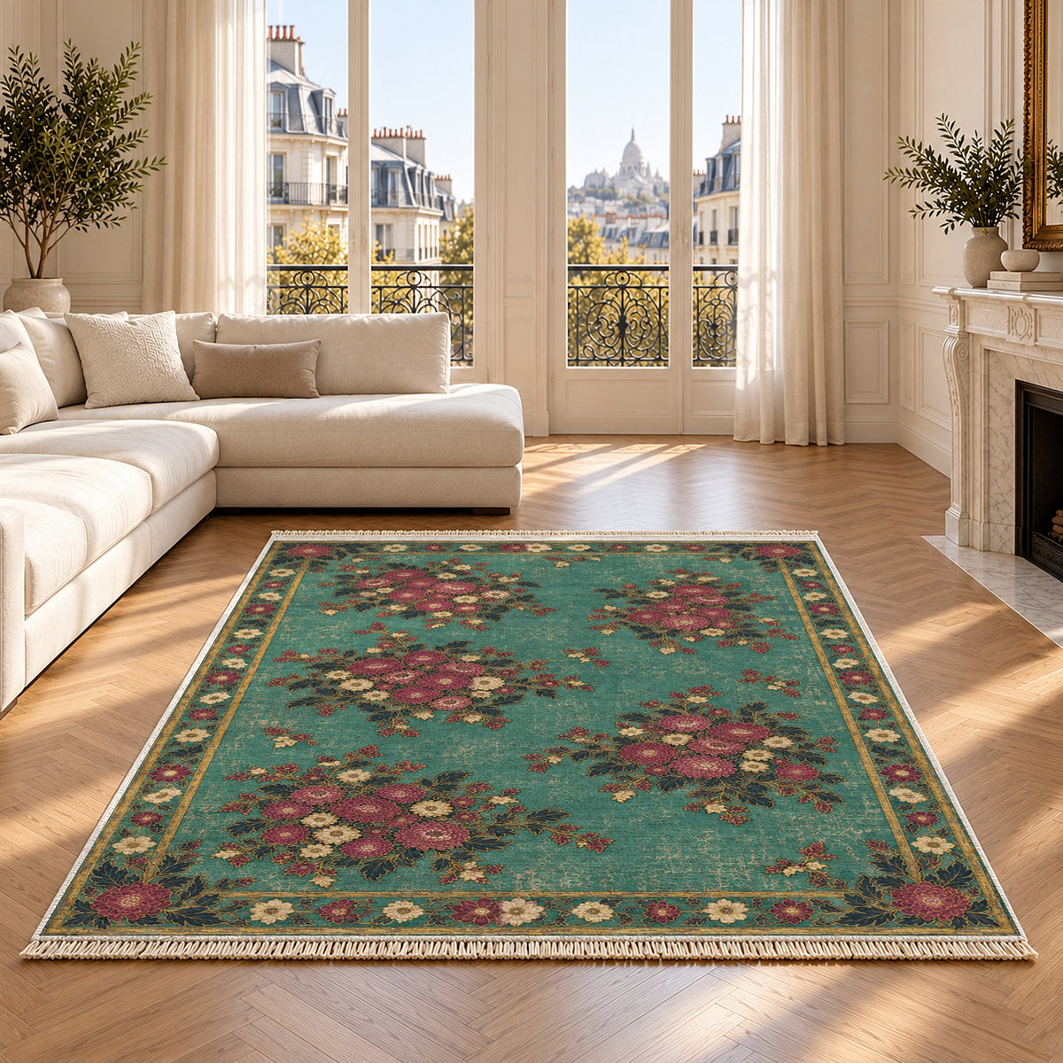 Chrysanthemum Islands Lagoon & Berry washable rug on an oak floor