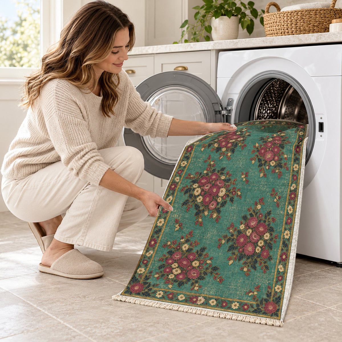 Chrysanthemum Islands Lagoon & Berry washable rug being loaded into a washing machine