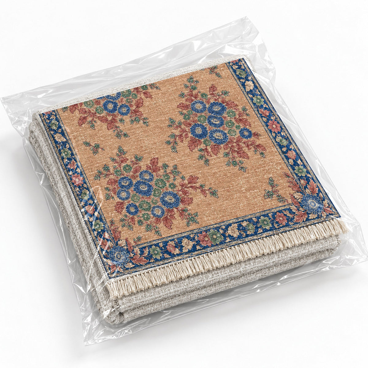 Chrysanthemum Islands Peach, Cobalt & Jade washable rug rolled and packaged
