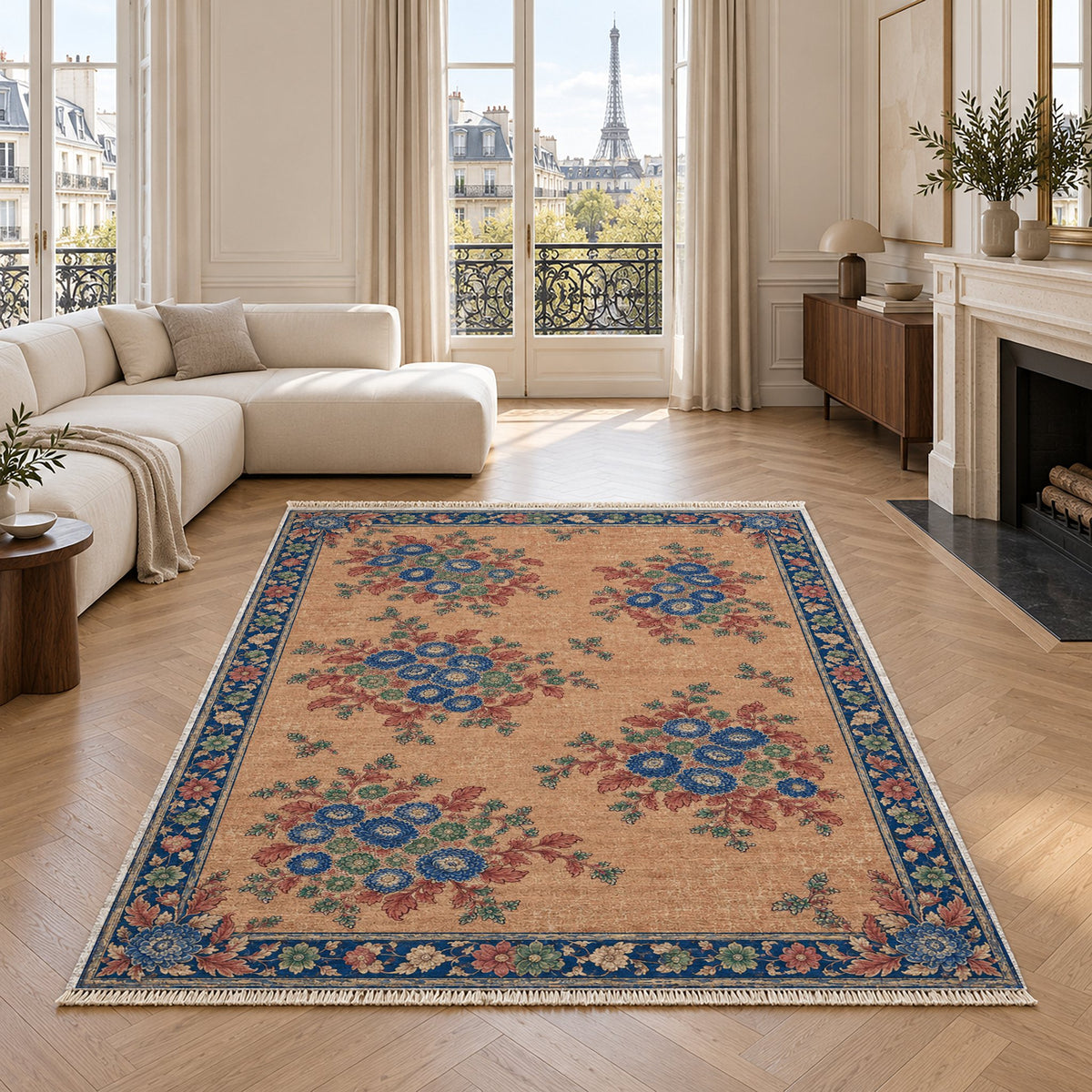 Chrysanthemum Islands Peach, Cobalt & Jade washable rug in a living room with an Eiffel Tower view