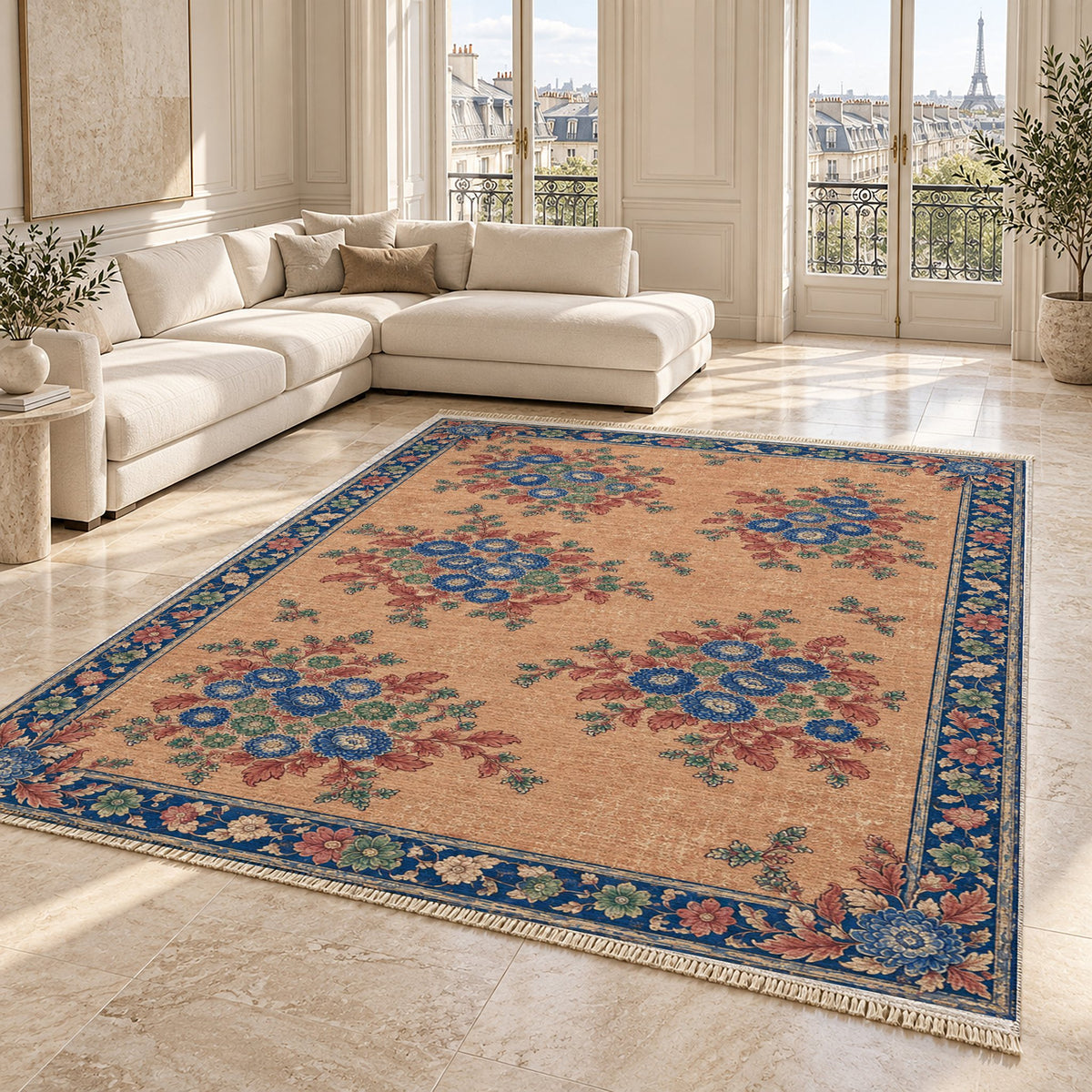 Chrysanthemum Islands Peach, Cobalt & Jade washable rug angled room view on marble