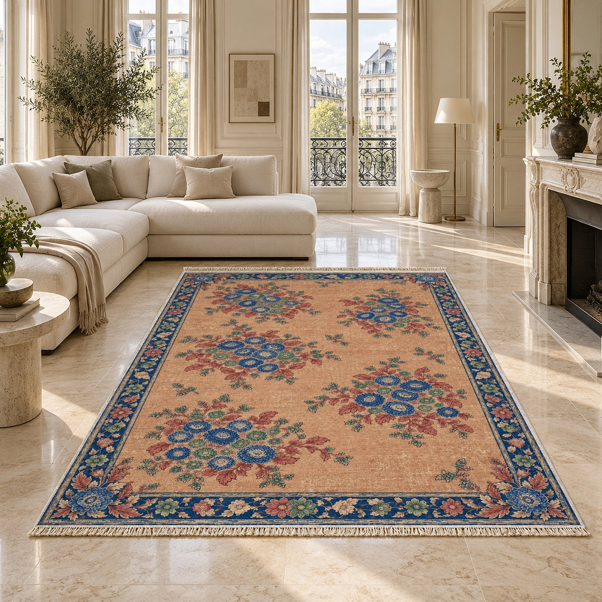 Chrysanthemum Islands Peach, Cobalt & Jade washable rug on a marble floor