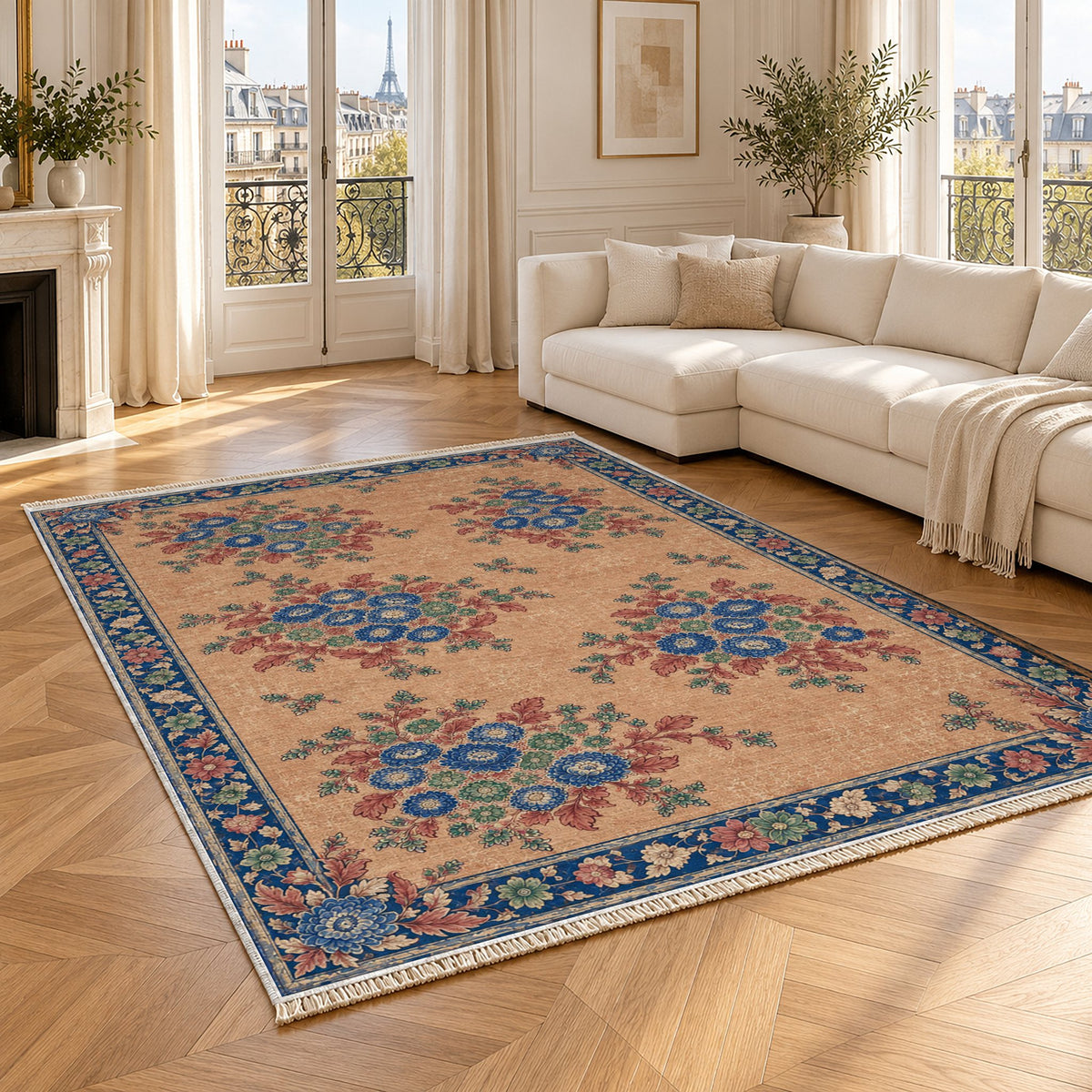 Chrysanthemum Islands Peach, Cobalt & Jade washable rug angled room view