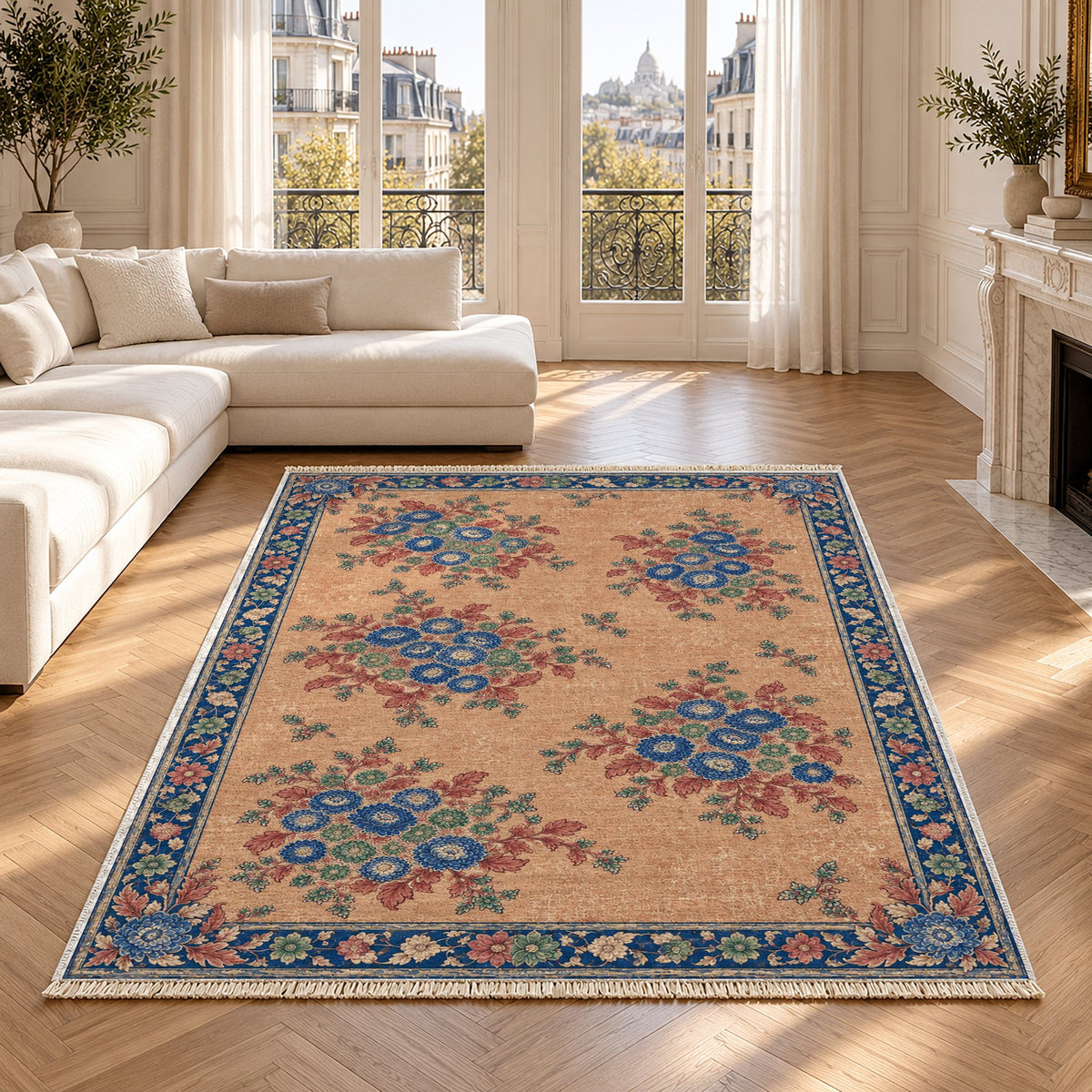 Chrysanthemum Islands Peach, Cobalt & Jade washable rug in a Paris living room