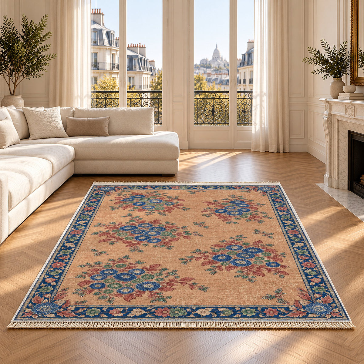 Chrysanthemum Islands Peach, Cobalt & Jade washable rug on an oak floor