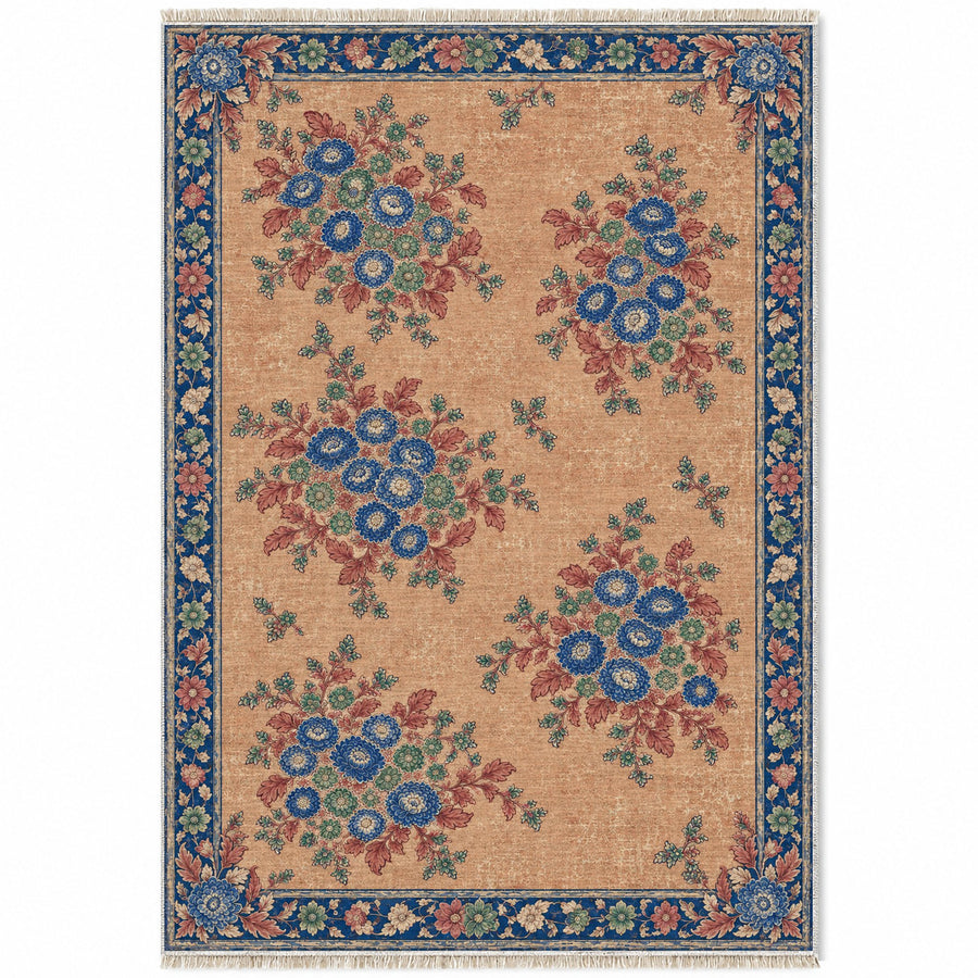 Chrysanthemum Islands Peach, Cobalt & Jade Distressed Washable Rug