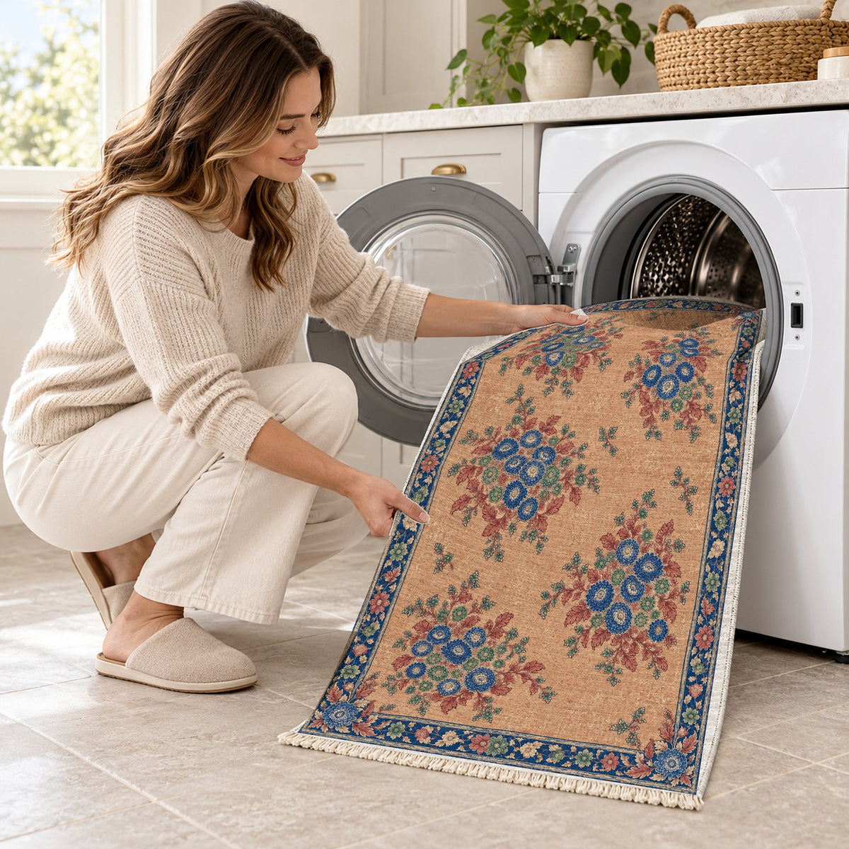 Chrysanthemum Islands Peach, Cobalt & Jade washable rug being loaded into a washing machine