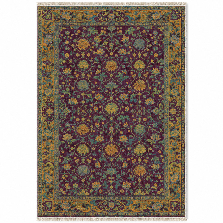 Chrysanthemum Salon Burgundy & Teal Oriental Washable Rug