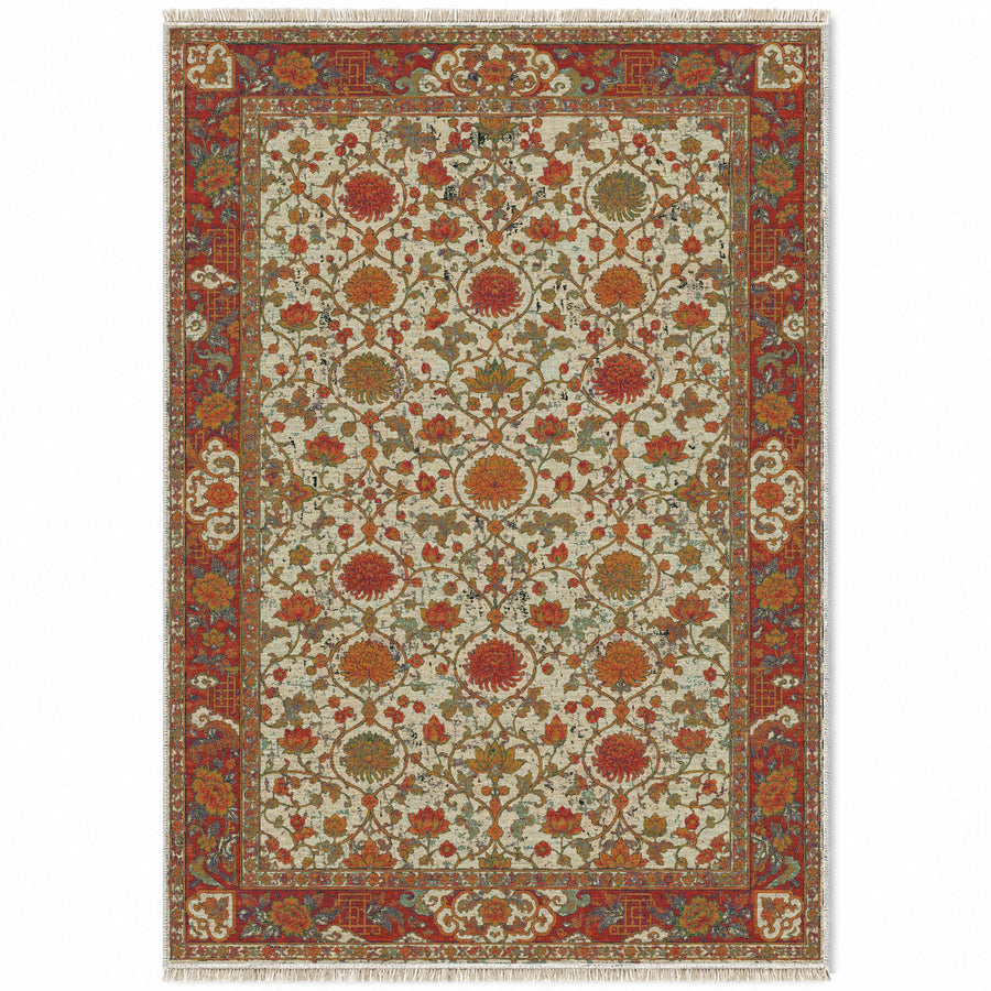 Chrysanthemum Salon Emerald & Terracotta Oriental Washable Rug