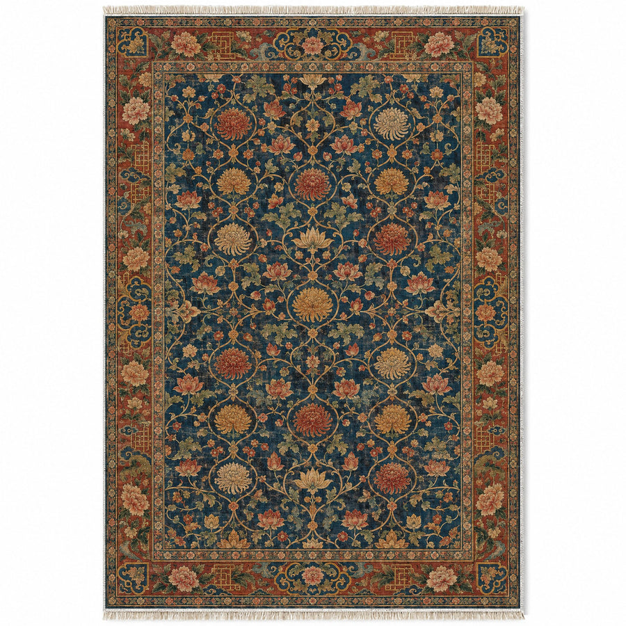 Chrysanthemum Salon Indigo & Rust Oriental Washable Rug