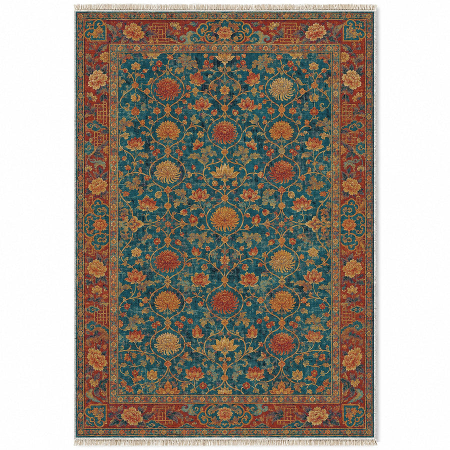 Chrysanthemum Salon Peacock & Ochre Oriental Washable Rug