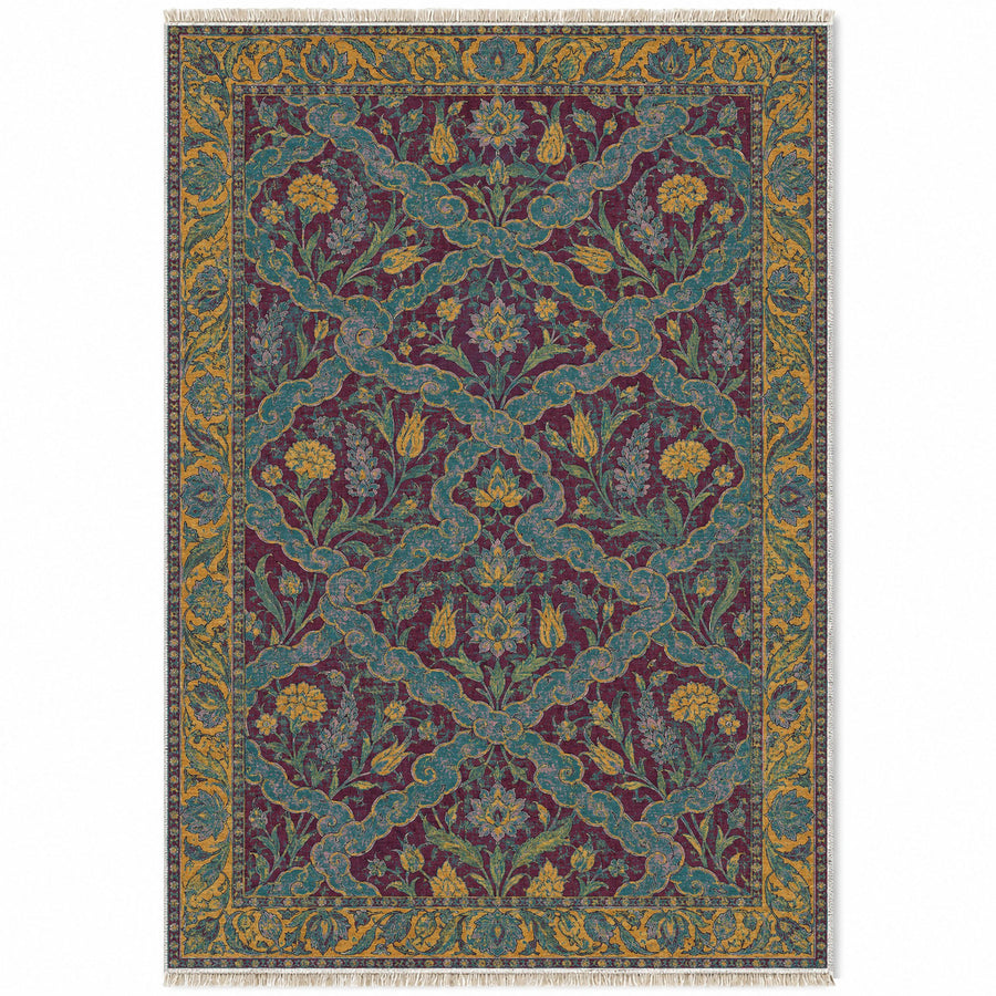 Cloud Ribbon Burgundy & Teal Ottoman Washable Rug