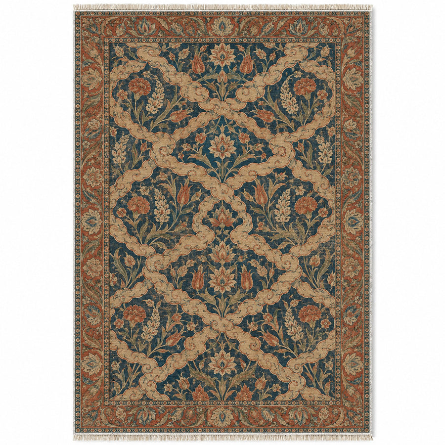 Cloud Ribbon Indigo & Rust Ottoman Washable Rug