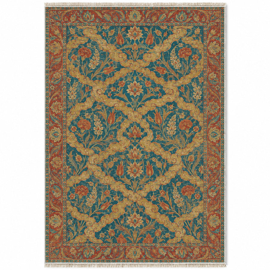 Cloud Ribbon Peacock & Ochre Ottoman Washable Rug
