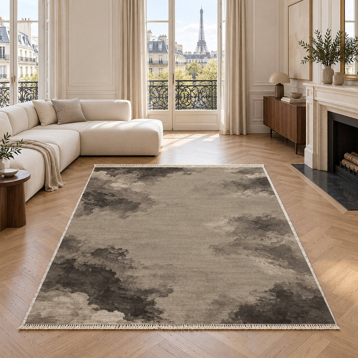 Cloud Wash Greige & Charcoal washable rug in a living room with an Eiffel Tower view