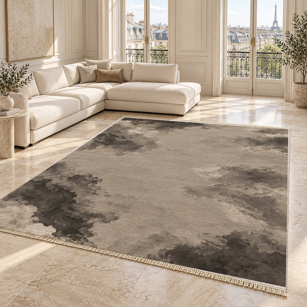 Cloud Wash Greige & Charcoal washable rug angled room view on marble