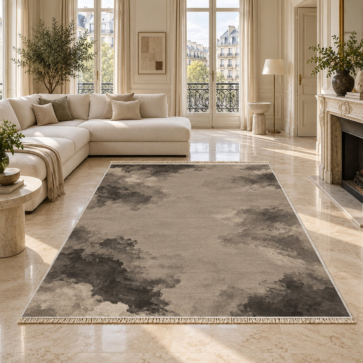 Cloud Wash Greige & Charcoal washable rug on a marble floor